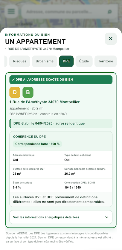 DPE à l’adresse exacte dans Mapici