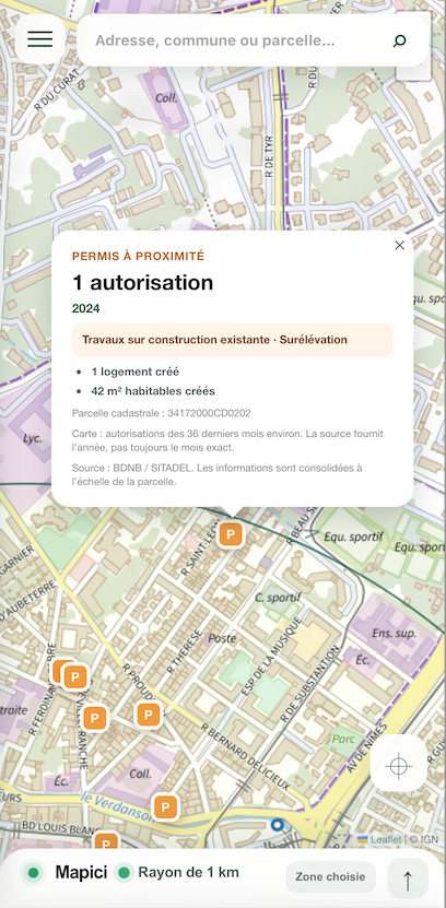 Permis à proximité affiché sur la carte Mapici